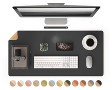 Black Cork PU Leather Desk Pad 36x17 Inch Large Mouse Mat Protector Blotter