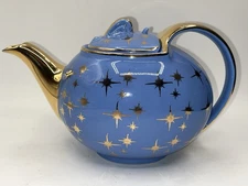 Vintage Hall Periwinkle & Gold Atomic Starburst Teapot Cadet Blue See Pictures
