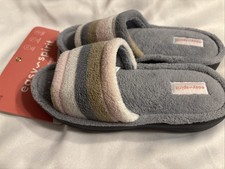 Easy-Spirit Women's Soft Terry Cloth Pink Gray White Striped Slip On Slippers