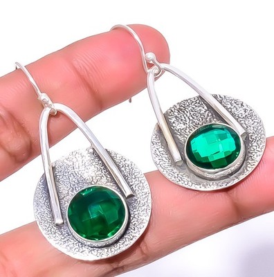 Emerald Quartz (Simulated) 925 Sterling Silver Handmade Earring 1.95'' A347