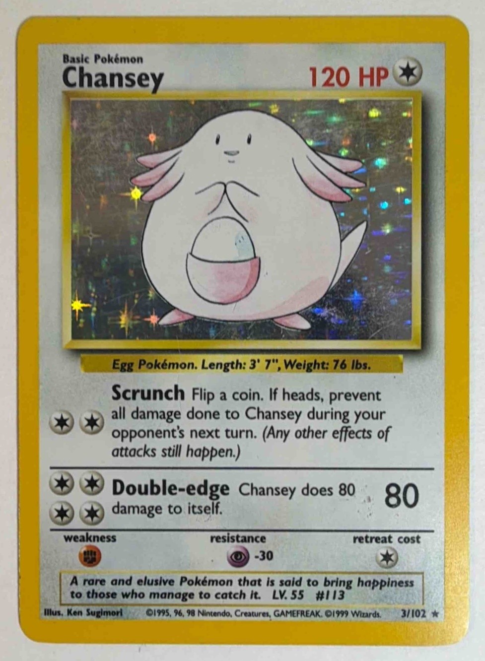 Chansey #3/102 Set Unlimited Pokemon 1999 Rare Holo