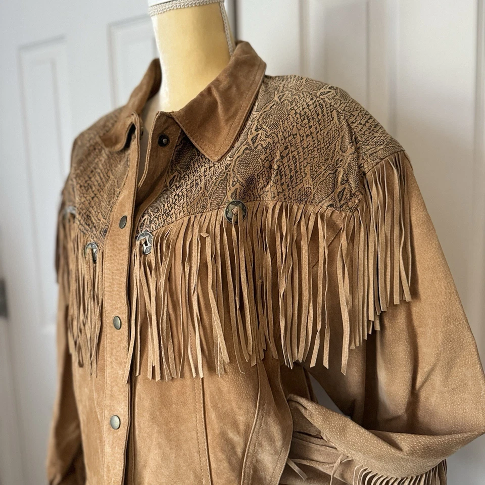 "Juego de falda chaqueta de cuero con flecos East West vintage de los años 70 marrón talla M 28""" Foto 3 de 4