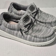 Hey Dude Youth Boy's Casual Shoes Size TD13 Gray Wally Yin Yang Canvas Moccasin
