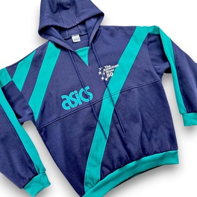 Asics Hoodie Men's Large Blue Teal American River 50 Poly Cotton Vintage RARE
