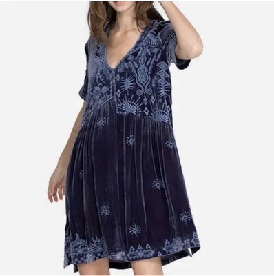 Johnny Was Women's Dylan Blue Velvet Asymmetrical Embroidered Tunic Dress - Med