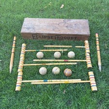 Antique ECLIPSE CROQUET Set Balls  Mallets 6 each   2 stakes  Wooden Box