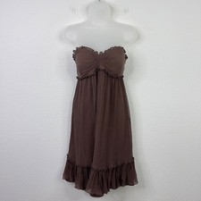 Nine West Dress 14 Brown Silk Ruffle Strapless VTG Whimsigoth Y2K Dark Romantic