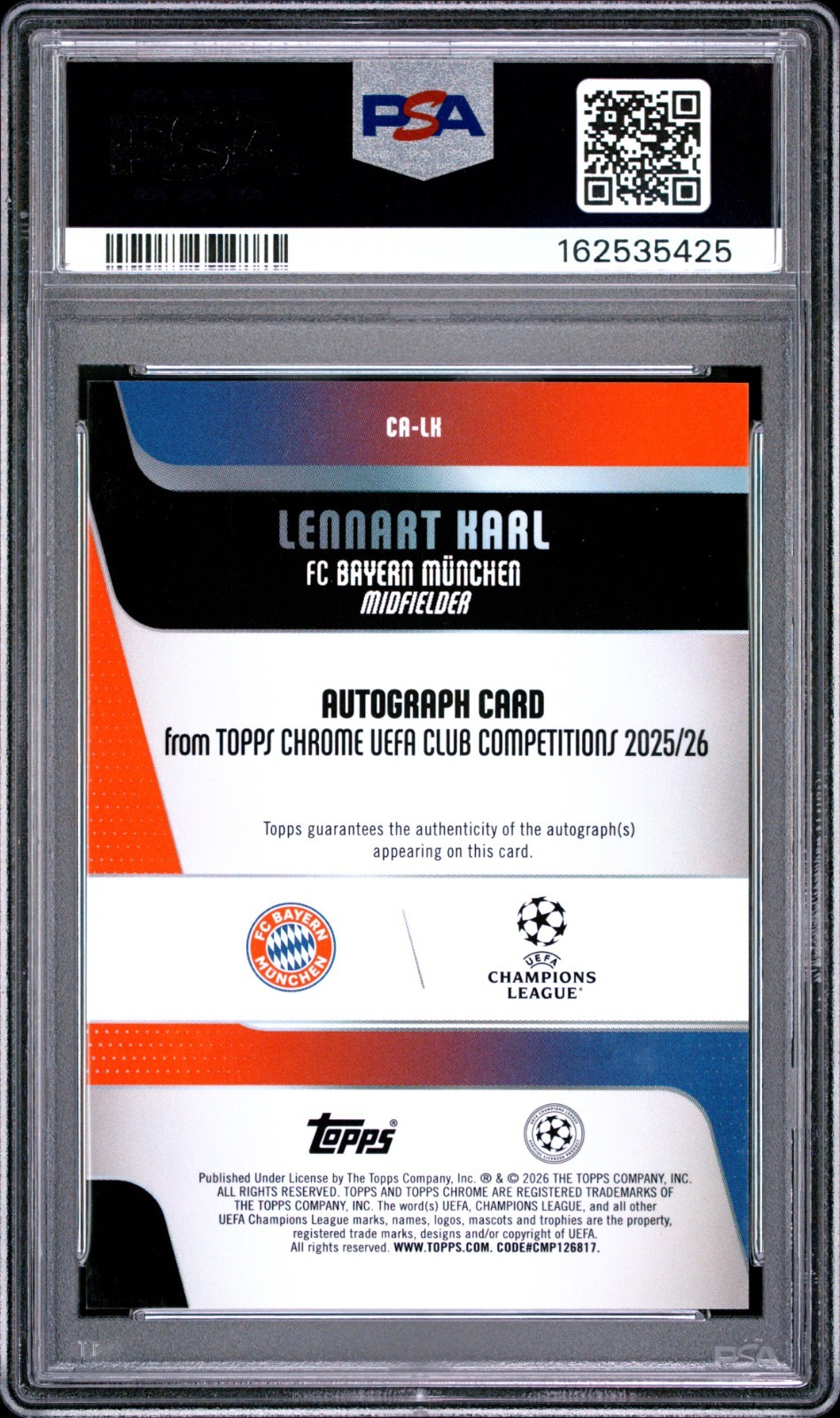 2025-26 Topps Chrome UCC Lennart Karl Auto Aqua Lava Refractor /199 PSA 9 Rookie view 2