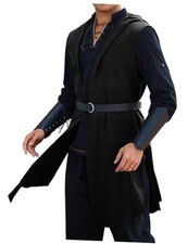Mens Renaissance Costume Surcoat Medieval Sleeveless Hooded Cloak Medium Black