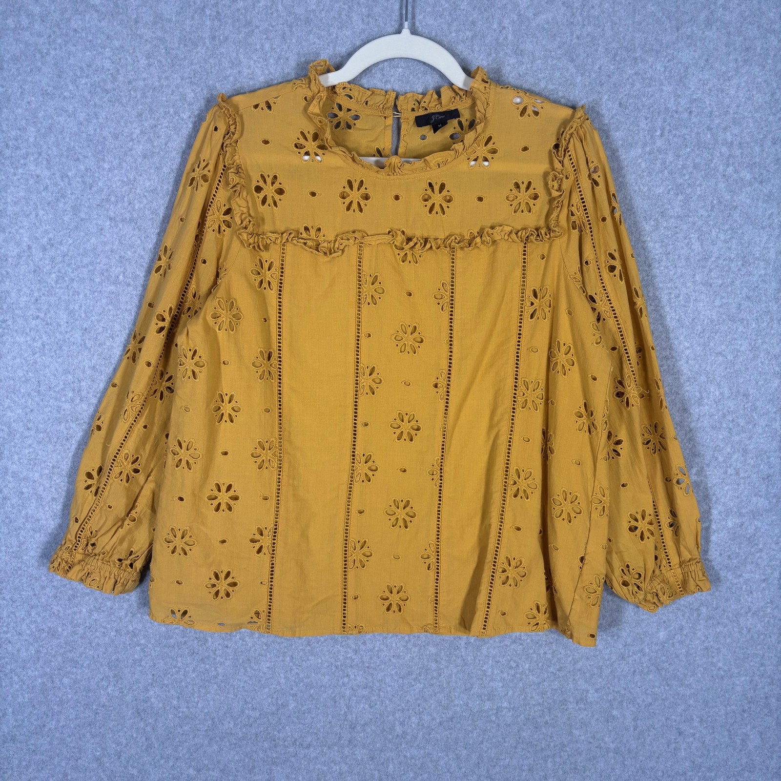 J Crew Blouse Medium Mustard Eyelet Ruffle Peasant Puff Cotton Preppy Cottage