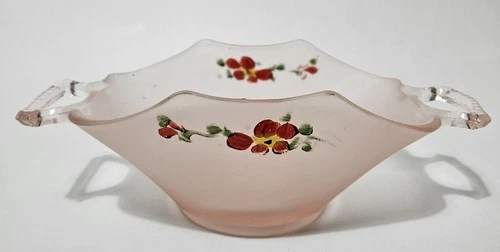 Depression Glass Bowl  Handled Hand Painted Pink Satin Lancaster Glass?