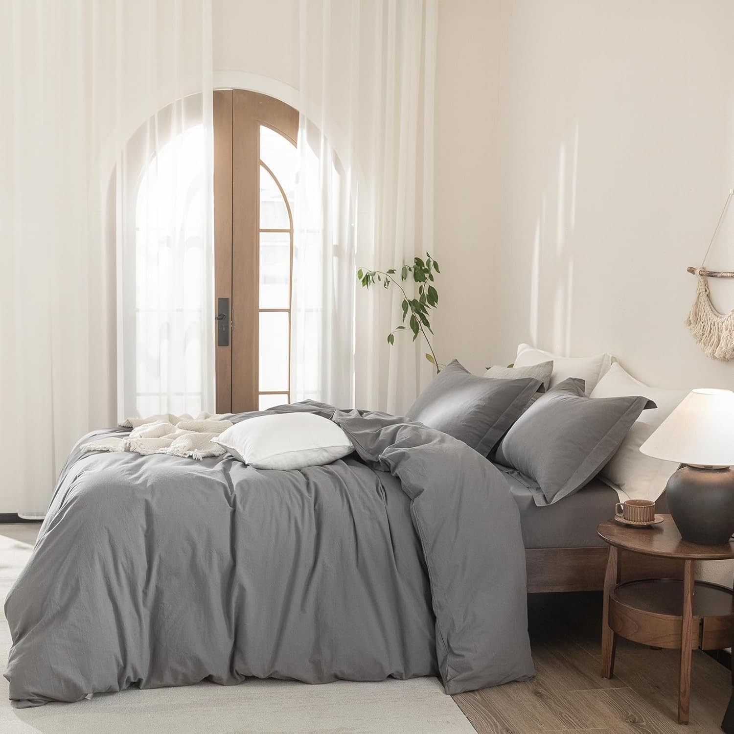 Dark Gray Cotton Duvet Cover Set with buttons in king, Twin XL and other size.