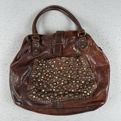 Campomaggi Brown Leather Studded Tote Shoulder Bag Large Hobo Italy