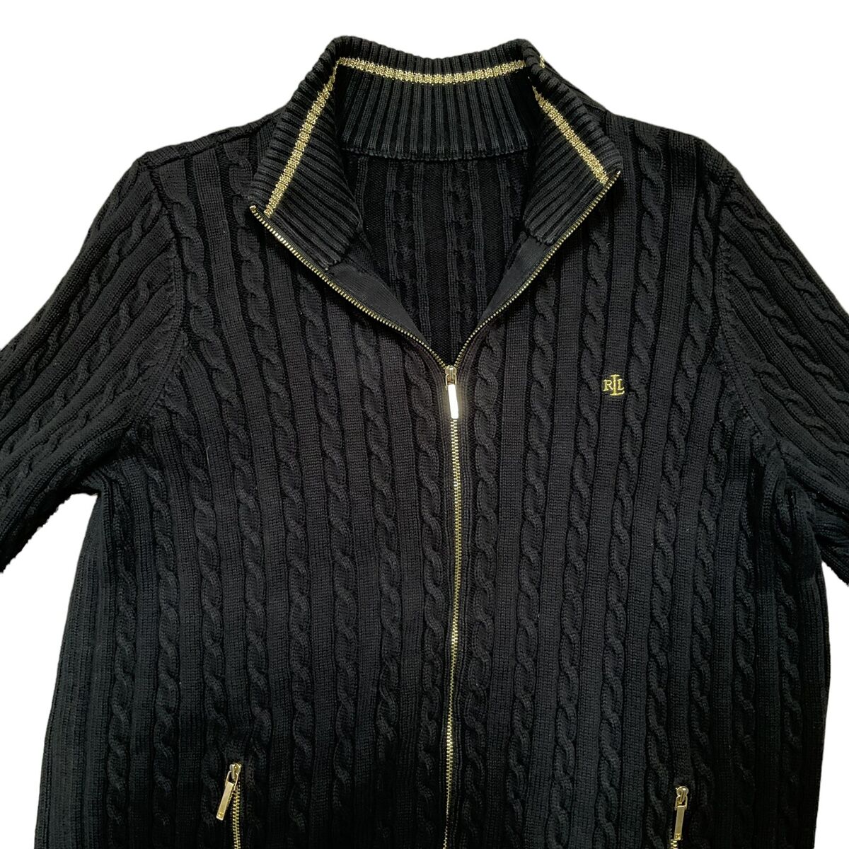Ralph Lauren Zip Sweater Black Cable Knit Gold Embroidery Ralph Lauren Zip Sweater Black Cable Knit Gold Embroidery