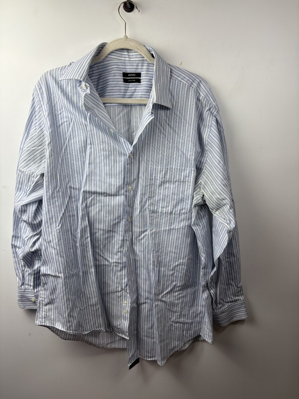 Alfani Button Front Shirt Men’s Sz L Blue & White Stripped Long Sleeve Collared