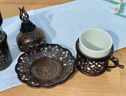 Dark Copper Turkish Coffee Set with Water Serving Cup, Black Rhinestone Detailed - Picture 8 of 12
