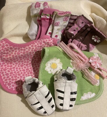 Lot of baby items 0-6 Month Robeez Shoes & Socks Bibs & Girly Bows  Look