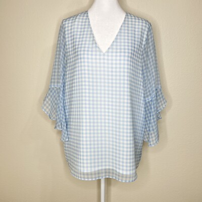 Calvin Klein Blue & White Gingham Check V-Neck Ruffle Bell Sleeve Blouse Sz M