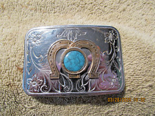Nice Belt Buckle, turquoise stone with 2 horse shoes