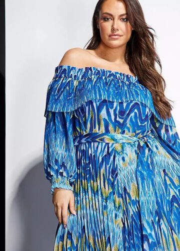Size 12 Julien Macdonald Blue Print Bardot Pleated Lace Trim Chiffon Midaxi Dres - Picture 2 of 8