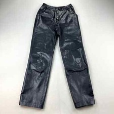 Vintage Leather Pants Womens 26 Black Pleated Straight Leg High Rise Genuine 90s