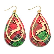 Cute Red Green Plaid Leather Gold Metal Oval Christmas Reindeer Earrings