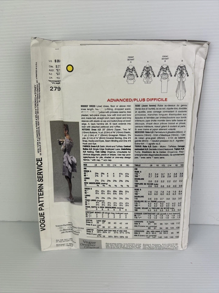 Uncut Bridal Dress Vogue Sewing Pattern 2799 Dress Size 8-10-12 Bellville Sassoo - Image 2 of 4