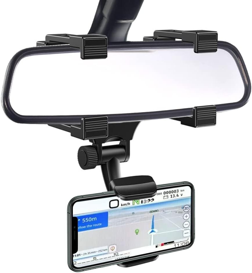 Rear View Mirror Phone Holder Mount Car Phone Bracket Stand with 270 Swivel