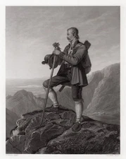 1800s Philipp von Foltz Engraving "Jager Standing on a Peak" Framed Signed COA