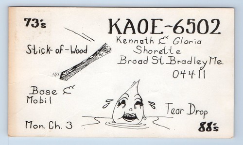 Stick of Wood Base Tear Drop Bradley Maine ME QSL Ham Radio Card VTG