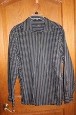 Claiborne Mens Button Down Dress Casual Shirt Large Black White Gray Striped