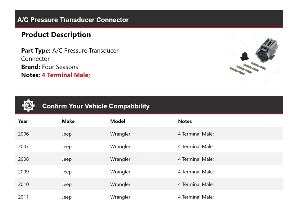 For 2006-2011 Jeep Wrangler A/C Pressure Transducer Connector 4 Seasons 2007 - Image 2 of 4