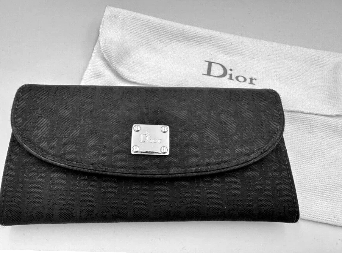 Authentique portefeuille long Christian Dior noir trotteur toile cuir excellent état avec dustbag