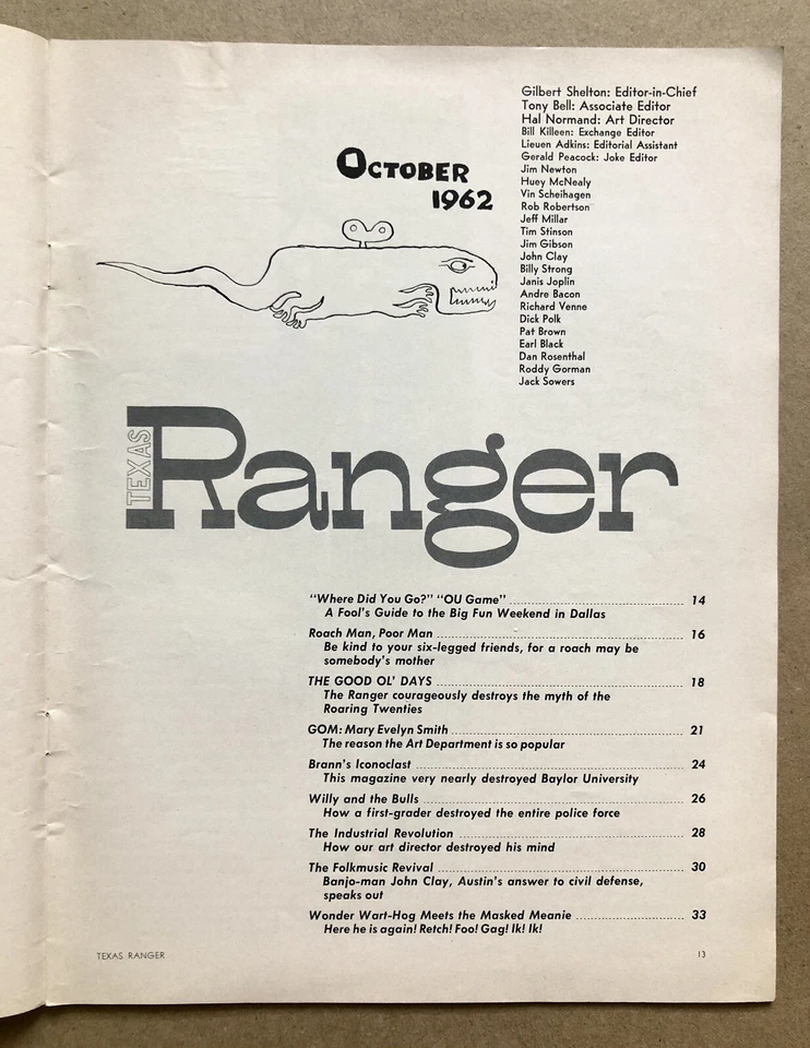 Texas Ranger Magazine (Oct 1962) Janis Joplin, Gilbert Shelton, Wart-Hog RARE! - Image 3 of 4