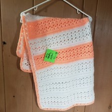 Vtg Crocheted Knit Lt Orange/White 36" X 32" Gender Neutral Baby Afghan A67