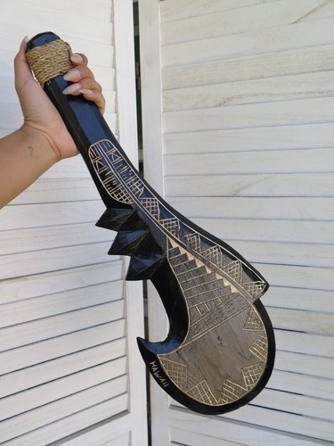 Hawaiian Engraved Hand Made Wall Decor Solid Wood Tribal Hook War Club Weapon - Picture 5 of 8