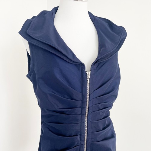 Joseph Ribkoff Ruffle Collar Front Zip Up Dress Knee Length Pleated Navy Size 8 - Picture 4 of 11