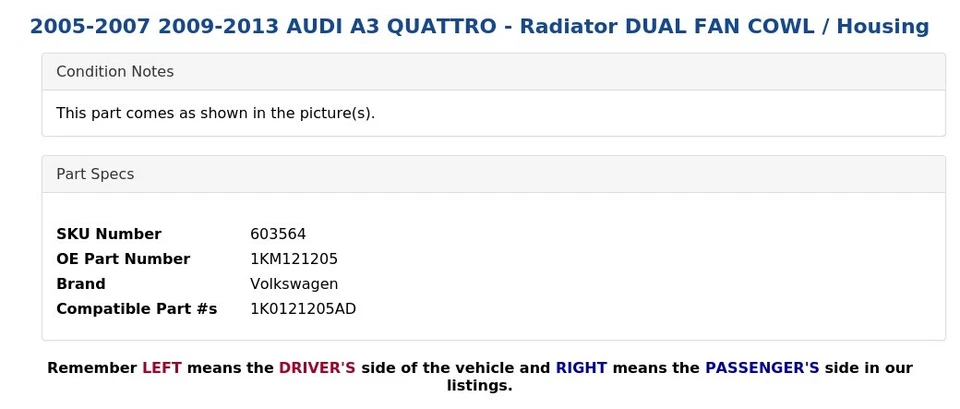 2005-2007 2009-2013 AUDI A3 QUATTRO - Radiator DUAL FAN COWL / Housing - Image 4 of 4