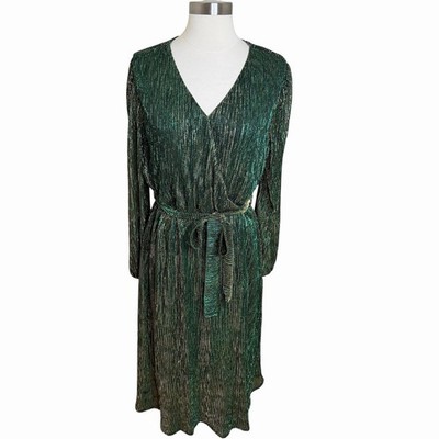 Grace Karin Metallic Shimmer Plisse Pleated Midi Dress V Neck Tie Waist L Green