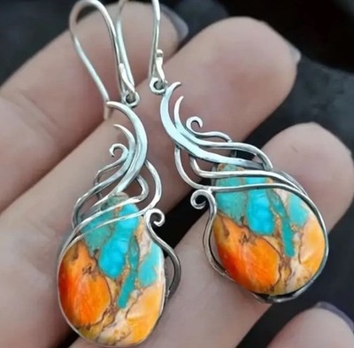 Oval Turquoise Cabochon Blue And Orange Dangle Earrings