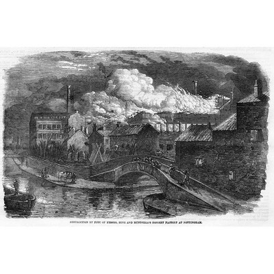 NOTTINGHAM Destruction by Fire of Hine & Mundella's Factory - Antique Print 1859