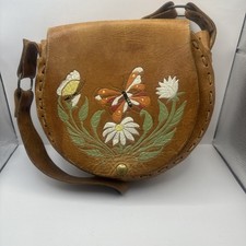 Vintage 60s 70s Hand Tooled Floral and Butterflies Leather Purse Boho Hippy Bag