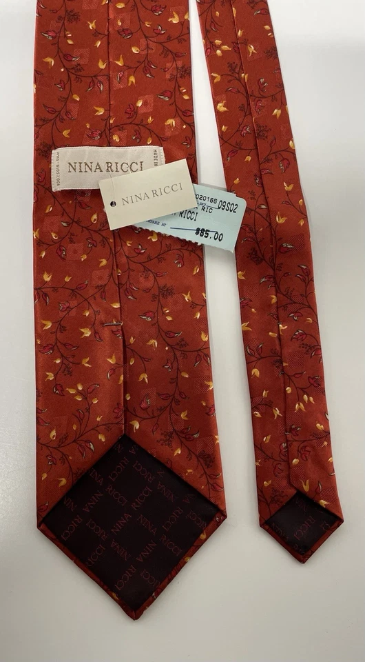 Corbata de seda naranja quemada patrón geométrico NINA RICCI hecha en Francia -NUEVA CON ETIQUETAS Foto 4 de 4