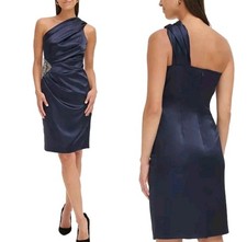 Eliza J One Shoulder Cocktail Evening Formal Ruched Beaded Satin Dress Navy Sz 4