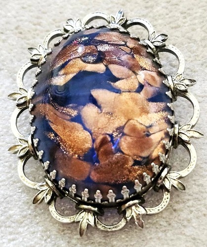 Oval Blue and Sparkling Copper Colored Resin Epoxy Brooch in Silver Tone Metal