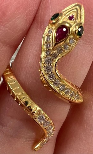 Genuine Ruby Diamond Emerald Coiled Snake Ring 14K Yellow Gold on solid 925 coil - Picture 11 of 16