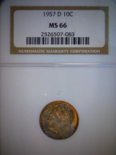 1957-D SILVER ROOSEVELT DIME NGC MS 66,  FANTASTIC TONING