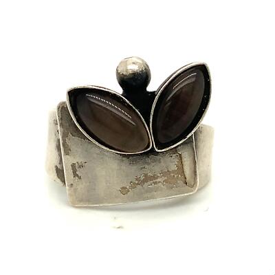 Vtg Sterling Signed Poly Christophe Canada 3D Crono Brown Glass Stone Ring 7 3/4