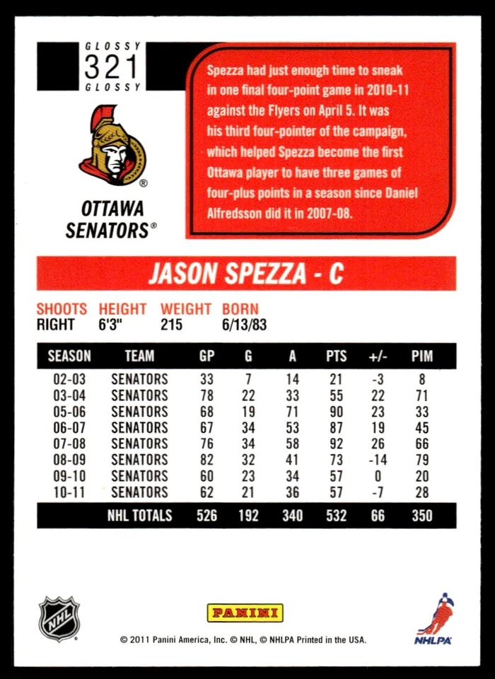 2011-12 SCORE GLOSSY Jason Spezza #321 - Image 2 of 2