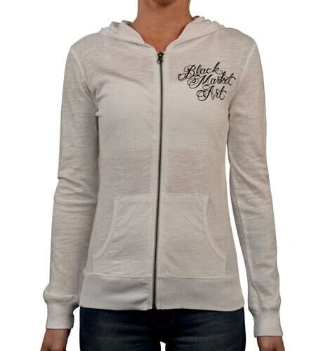 Black Market Art Mama Tried Women's White Slub Thin Zip Hoodie Tattoo Cupie Doll - Image 2 of 3